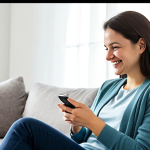 A professional woman, early 30s, in modest business casual attire, fully clothed, sits comfortably on a plush sofa in a modern, bright living room. She looks warmly at her smartphone held gently in her hands, a subtle, affectionate smile on her face, as if sharing a quiet moment with a valued companion. The background is softly blurred, hinting at a cozy home environment. High-resolution, natural light, professional photography, appropriate attire, safe for work, appropriate content, family-friendly, perfect anatomy, correct proportions, natural pose, well-formed hands, proper finger count, natural body proportions.