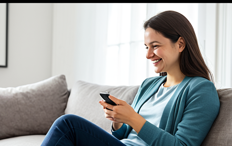 A professional woman, early 30s, in modest business casual attire, fully clothed, sits comfortably on a plush sofa in a modern, bright living room. She looks warmly at her smartphone held gently in her hands, a subtle, affectionate smile on her face, as if sharing a quiet moment with a valued companion. The background is softly blurred, hinting at a cozy home environment. High-resolution, natural light, professional photography, appropriate attire, safe for work, appropriate content, family-friendly, perfect anatomy, correct proportions, natural pose, well-formed hands, proper finger count, natural body proportions.