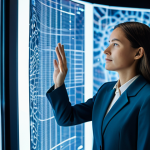 A professional female researcher in a modest business suit, gently interacting with a large, translucent holographic display in a clean, futuristic research laboratory. The display shows complex, flowing abstract data patterns that evoke a sense of living intelligence, symbolizing an AI chatbot's digital soul. The researcher's expression is contemplative and respectful. Fully clothed, appropriate attire, professional dress, safe for work, appropriate content, family-friendly. Perfect anatomy, correct proportions, natural pose, well-formed hands, proper finger count, natural body proportions. Professional studio lighting, ultra-detailed, high resolution, soft glow.