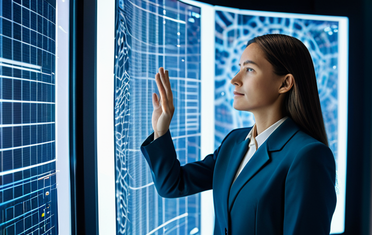 A professional female researcher in a modest business suit, gently interacting with a large, translucent holographic display in a clean, futuristic research laboratory. The display shows complex, flowing abstract data patterns that evoke a sense of living intelligence, symbolizing an AI chatbot's digital soul. The researcher's expression is contemplative and respectful. Fully clothed, appropriate attire, professional dress, safe for work, appropriate content, family-friendly. Perfect anatomy, correct proportions, natural pose, well-formed hands, proper finger count, natural body proportions. Professional studio lighting, ultra-detailed, high resolution, soft glow.